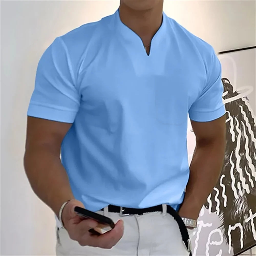 2024 Summer Beach Short Sleeve Solid Color V-neck T-shirt Micro Elastic Muscle Men's top 12 Color Daily Casual Sports Clothing
