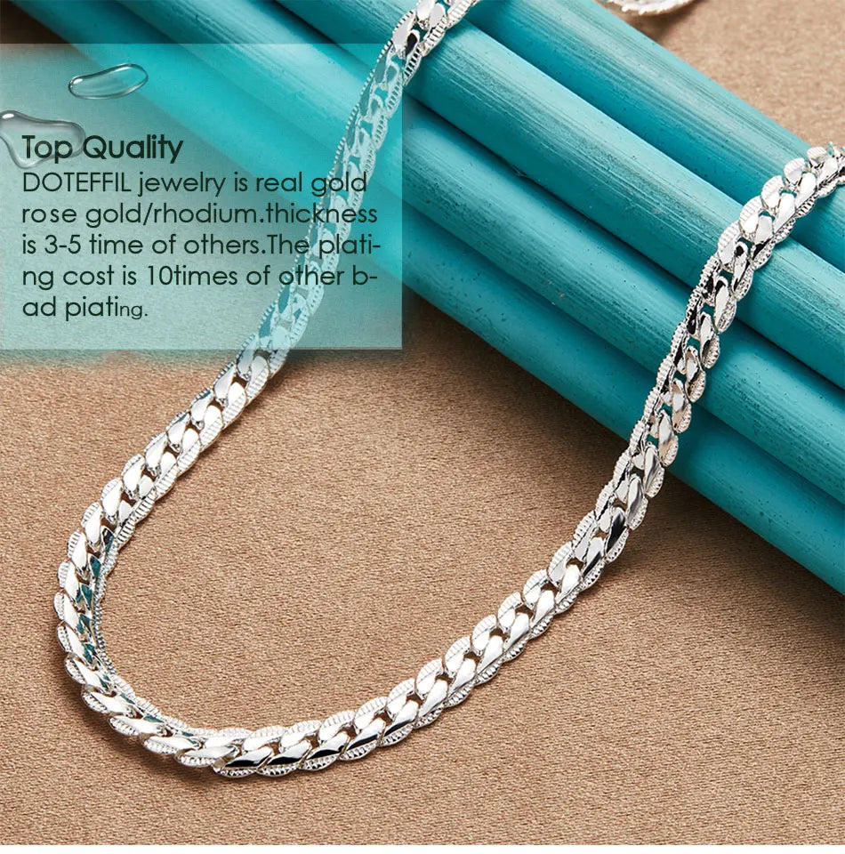 DOTEFFIL 925 Sterling Silver 6mm Side Chain 16/18/20/22/24 Inch Necklace For Women Man Fashion Wedding Engagement Jewelry Gifts