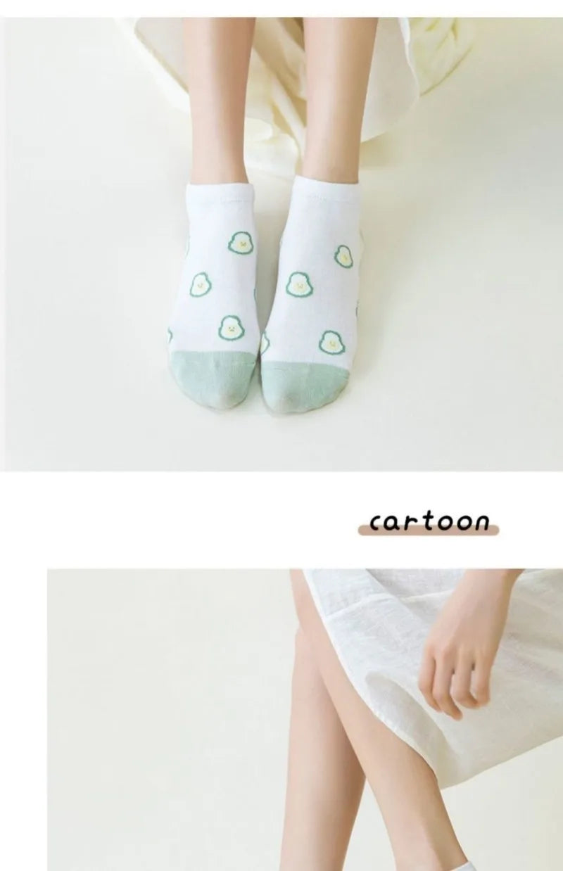 5 Pairs Avocado Flower Heart Ankle Socks Cartoon Fresh Fashion Breathable Spring and Summer Kawaii Comforts Women's Boat Socks
