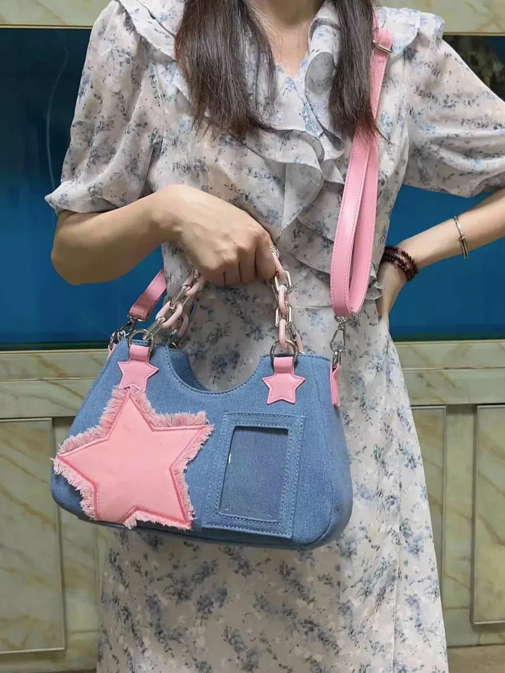 Splicing Hit Color Handbag Niche Design Chain Cowboy Handbag Star American Retro Itabag Y2k Shoulder Bag 2023 New Women'S Bag