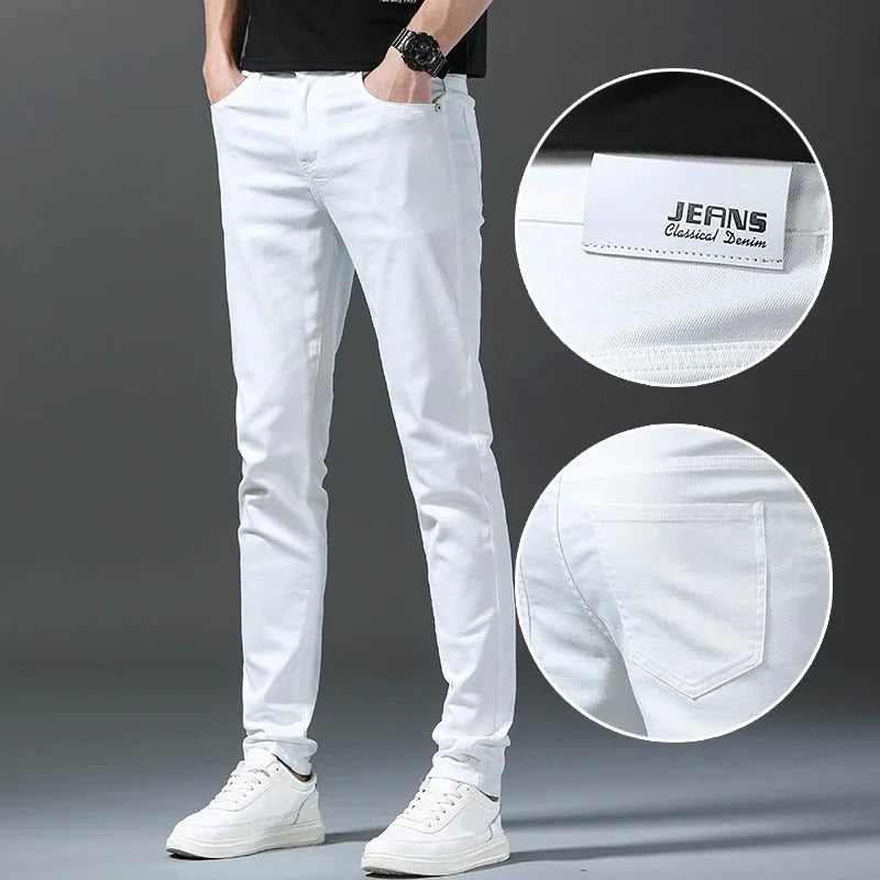2024 New Spring Summer Men's Fashionable Solid Color Jeans Straight Stretch Stretch Slim Fit Classic Denim Trousers Male
