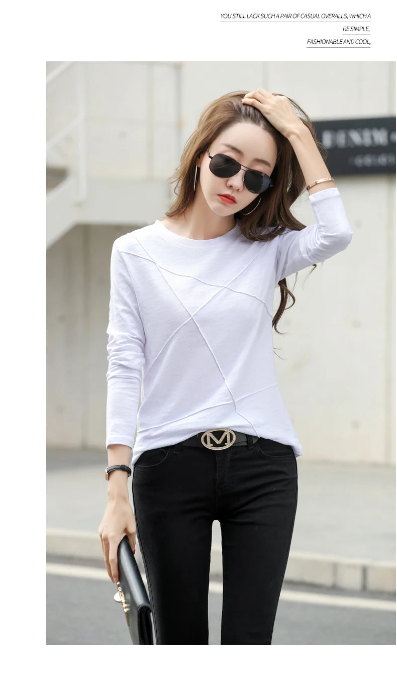 AOSSVIAO 2024 Autumn Long Sleeve Women O-Neck Bamboo Cotton T-Shirt Elegant Loose Ribbed Fashion Tee Shirt Ladies Simple Tops