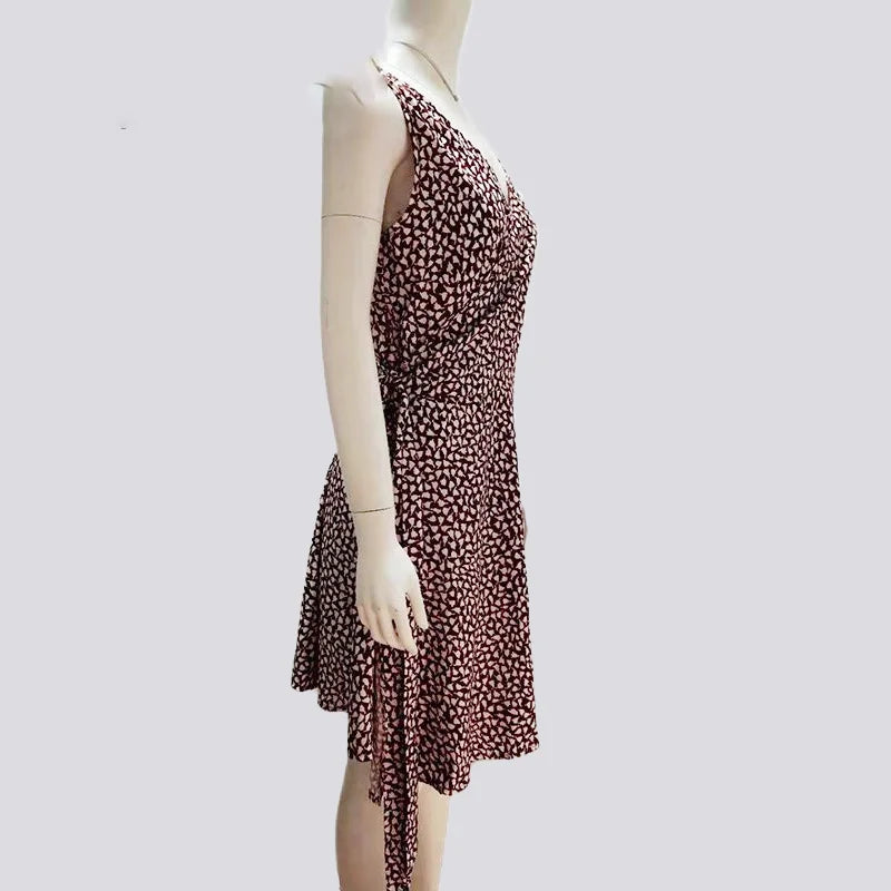 Summer Dress Women's New Casual Dot V Neck Sleeveless Bandage Beach Pop Floral Belt Women's Clothing Women