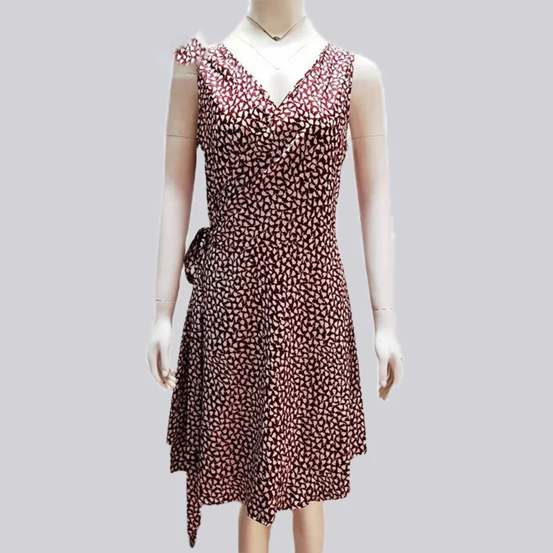 Summer Dress Women's New Casual Dot V Neck Sleeveless Bandage Beach Pop Floral Belt Women's Clothing Women