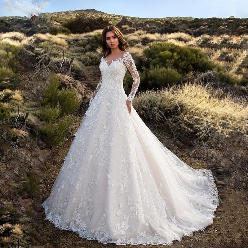 Women Lace Long Sleeve Off Shoulder White Bridal Wedding Dress Gown High Waist Loose Summer Dress Floor Length Evening