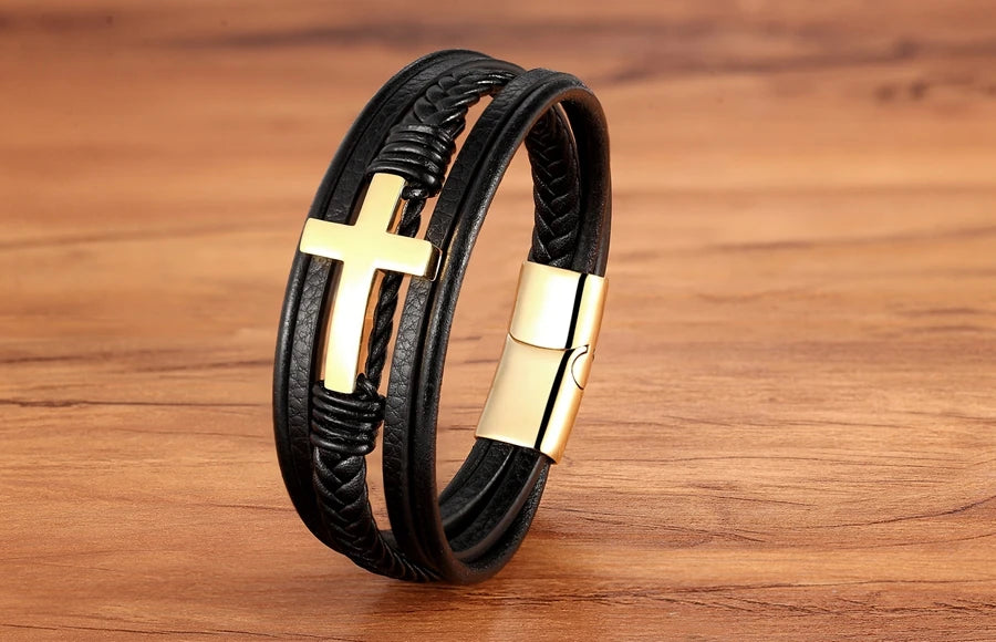 2023 Luxury Multicolor Cross Design Classic Stainless Steel Men's Leather Bracelet 19/21/23cm Choose Handsome Christmas Gifts