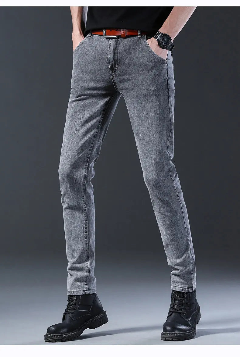 2024 New Fashion Jeans Men Korean Style Straight Grey Middle Waist Pants Male Casual Denim Trousers