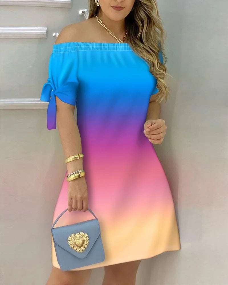 Fashionable Sexy Women's Print Dress Women's Word Shoulder Short -sleeved A -line Dress Ladies Off The Shoulder Mini Dresses