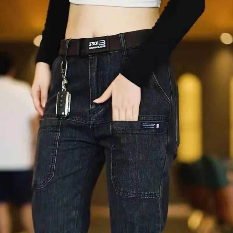 2024 New Brand Mens Casual Multiple Pockets Jeans Mid-Waist Elastic Straight Denim Trousers Versatile Loose Personality Pants