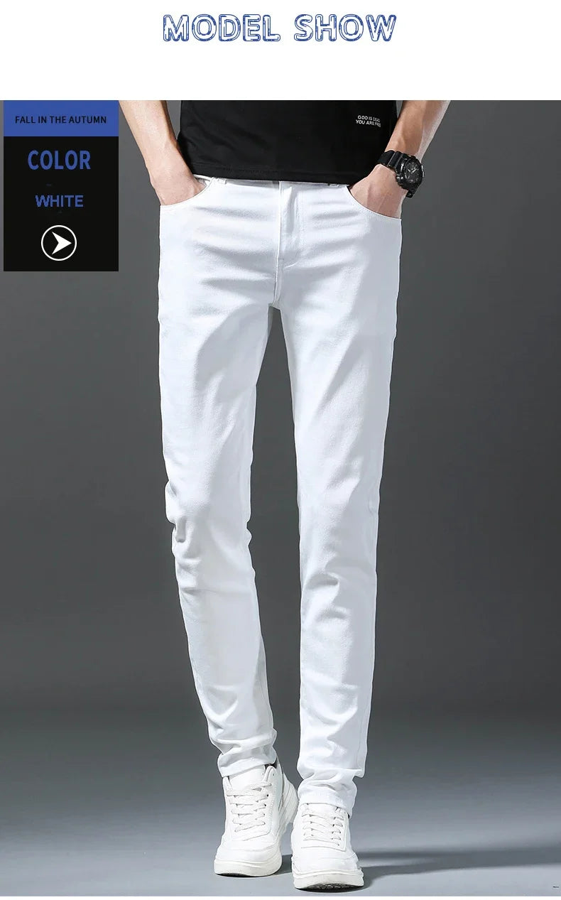 2024 New Spring Summer Men's Fashionable Solid Color Jeans Straight Stretch Stretch Slim Fit Classic Denim Trousers Male