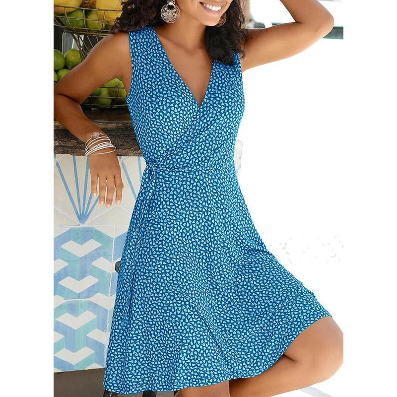 Summer Dress Women's New Casual Dot V Neck Sleeveless Bandage Beach Pop Floral Belt Women's Clothing Women