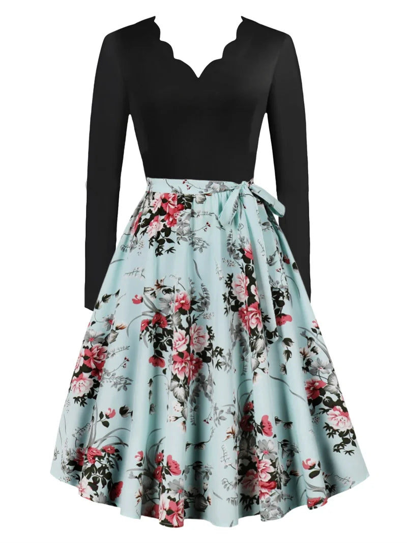Sexy lace V-neck long sleeved pullover with slim fit floral print casual party A-line dress with belt included