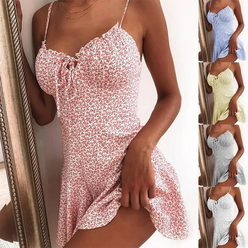 5 Colors Mini Slip Dress Women Printed Sleeveless Backless Dress V-Neck Fashion Summer A Line Dresses