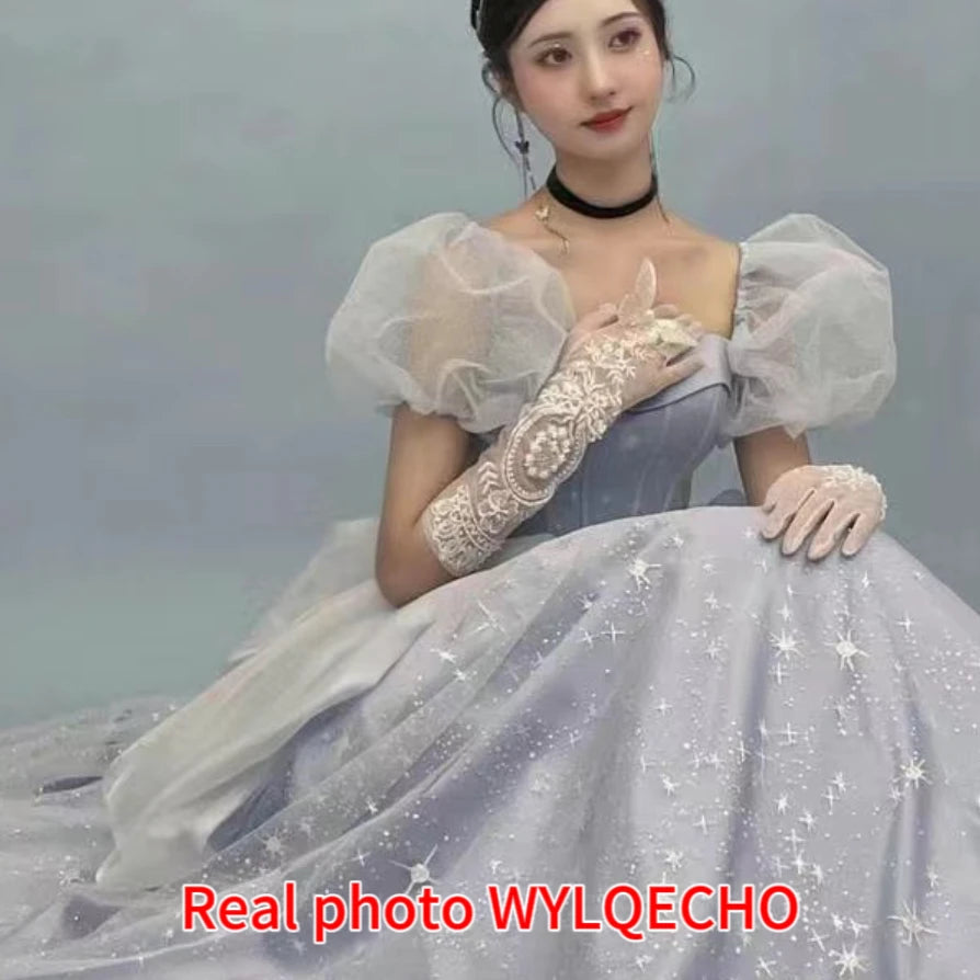 Blue Prom Dress Engagement Jacquard Dress France Vintage Sweet Korean Princess Fairy Dress Evening Party Dress