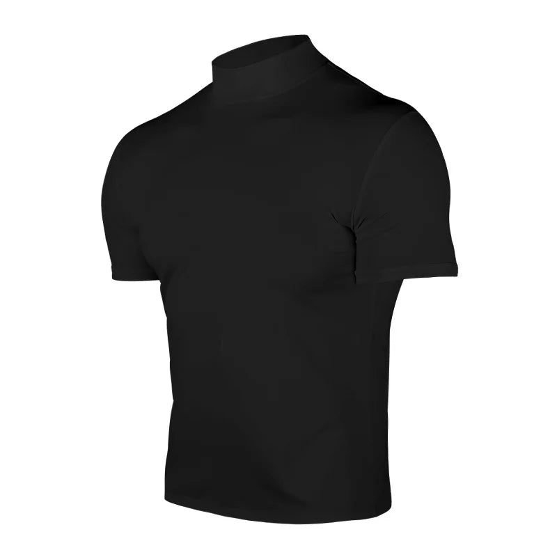 Cross-border Amazon 2024 summer solid color short-sleeved fashion bottoming shirt men's tight turtleneck T-shirt