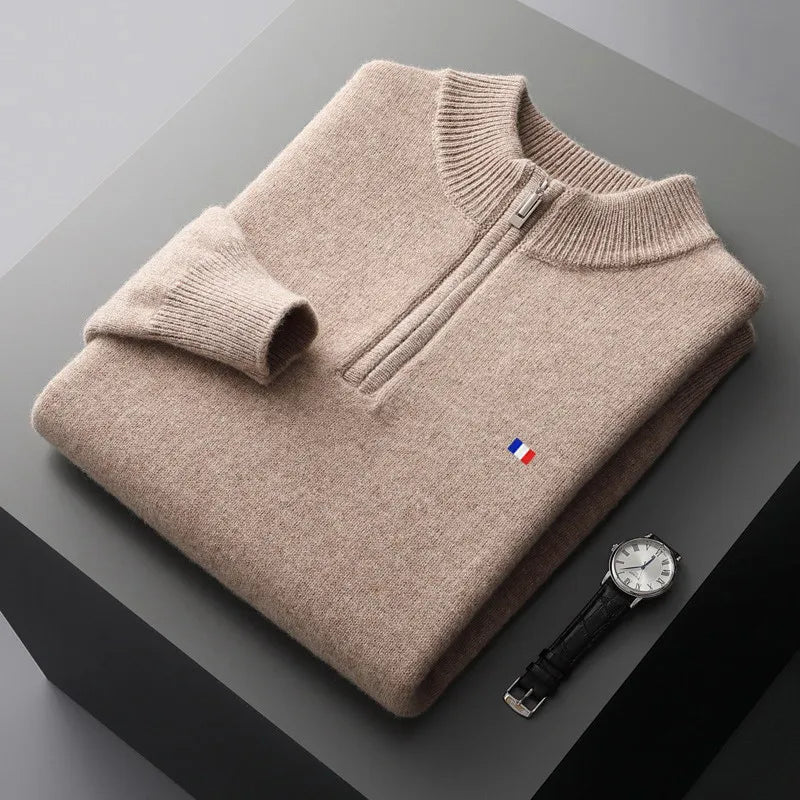 100% Ordos Cashmere Sweater Autumn Winter Men's Clothing Korean High-quality Half-High Zipper Pullover Business Casual Wool Blen