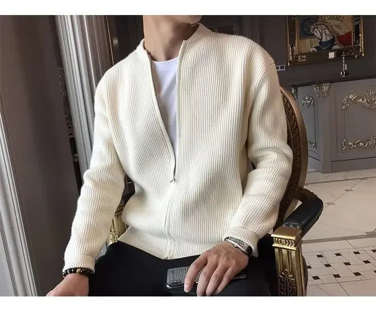 Autumn Winter Men's Solid Color Knitted Cardigan Sweater Jacket Casual Slimming Top Fashionable White Coat