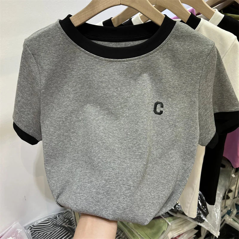 Large size women's cotton short sleeve T-shirt fat MM 2023 summer new color-block letter embroidery simple versatile top