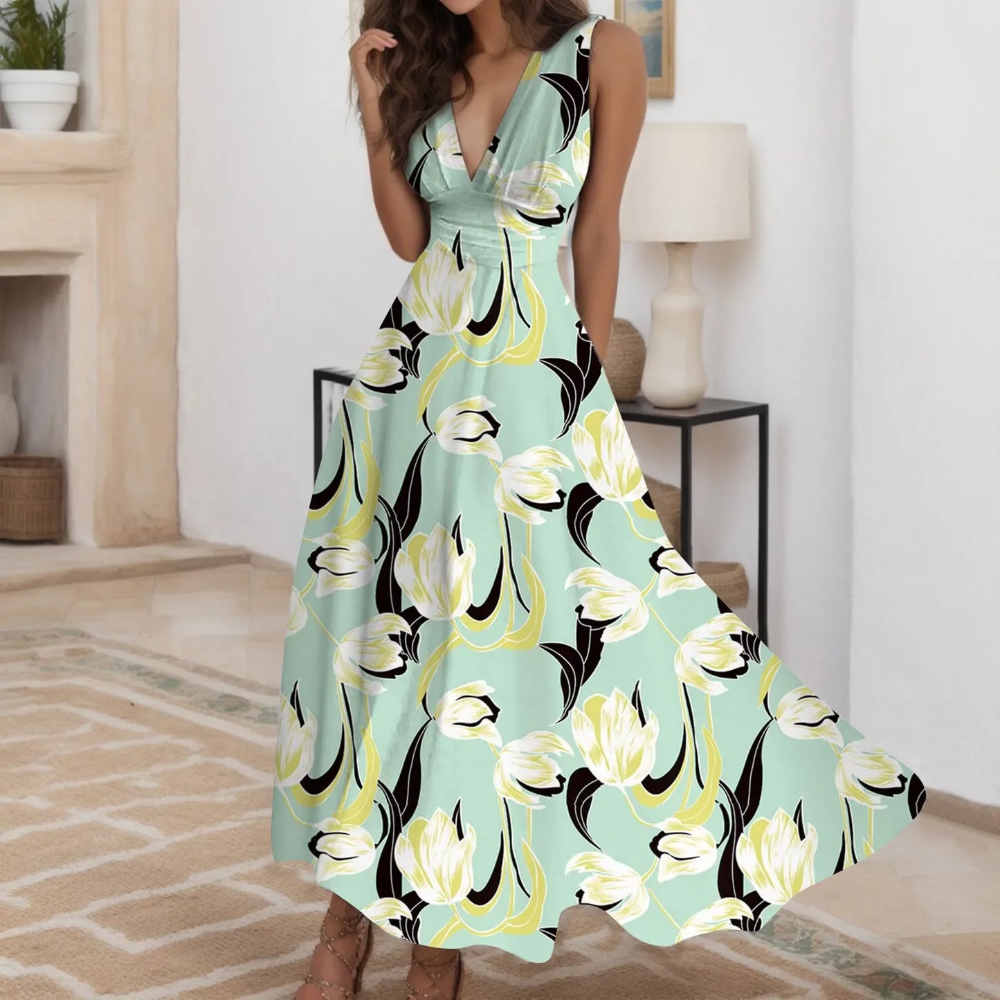 Fashion Print Elegant Temperament Long Dress Women Summer A-Line Sleeveless Party Dress 2023 Deep-V Commute Ladies Party Dress