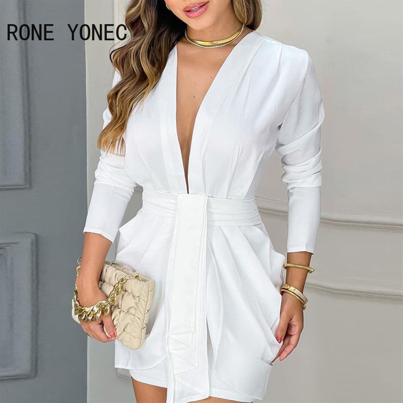 Women Chic Elegant Long Sleeves Deep V Neck Mini A Line Ruffles Formal Party & Working White Dresses