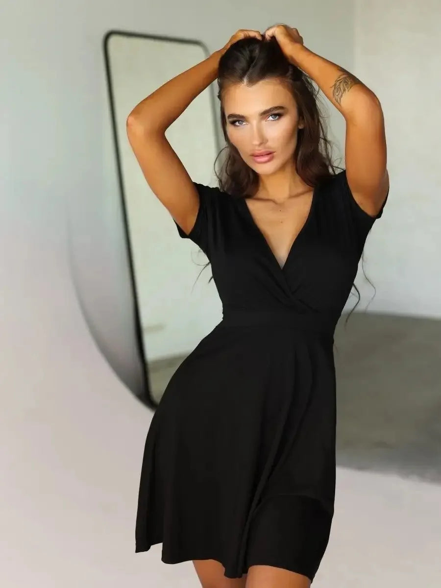 Sexy Black Mini Dress Women's Summer V-neck Solid Color Dress Nightclub Party A Line Dress