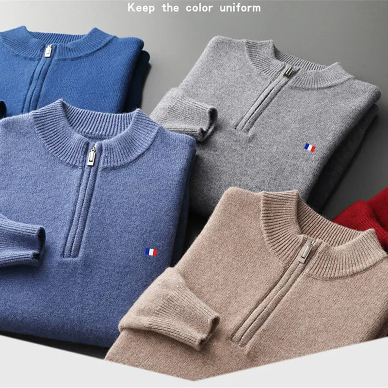 100% Ordos Cashmere Sweater Autumn Winter Men's Clothing Korean High-quality Half-High Zipper Pullover Business Casual Wool Blen