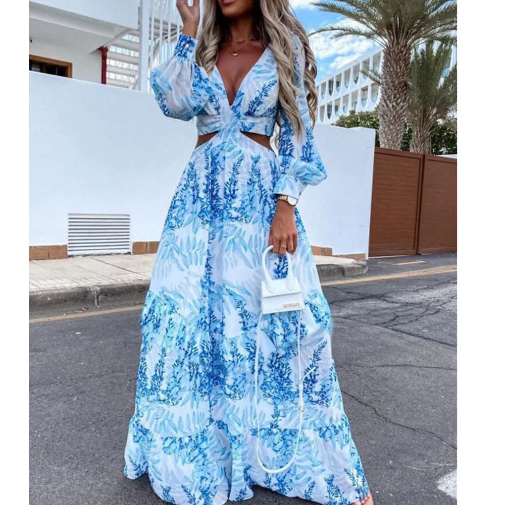 Spring New Long Dress Fashion Print Sexy Deep V-neck Long Sleeved Dress Women's Elegant Hollow Out Ruffle Spliced Maxi Dress