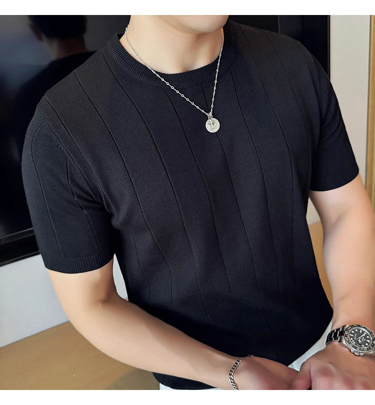 2024 New High Quality, Business Casual Men's Short-Sleeved O-neck Sweater, Daily Slim Fit T-shirt, Stretchable Striped Top M-3XL