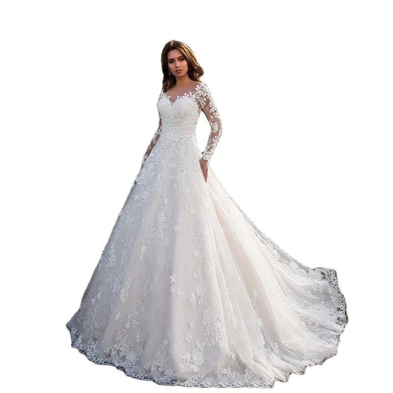 Women Lace Long Sleeve Off Shoulder White Bridal Wedding Dress Gown High Waist Loose Summer Dress Floor Length Evening