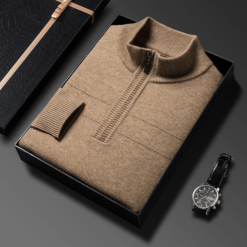 Men's autumn and winter high collar half zipper 100% wool sweater 2024 thick long sleeve warm pullover business casual knitted s