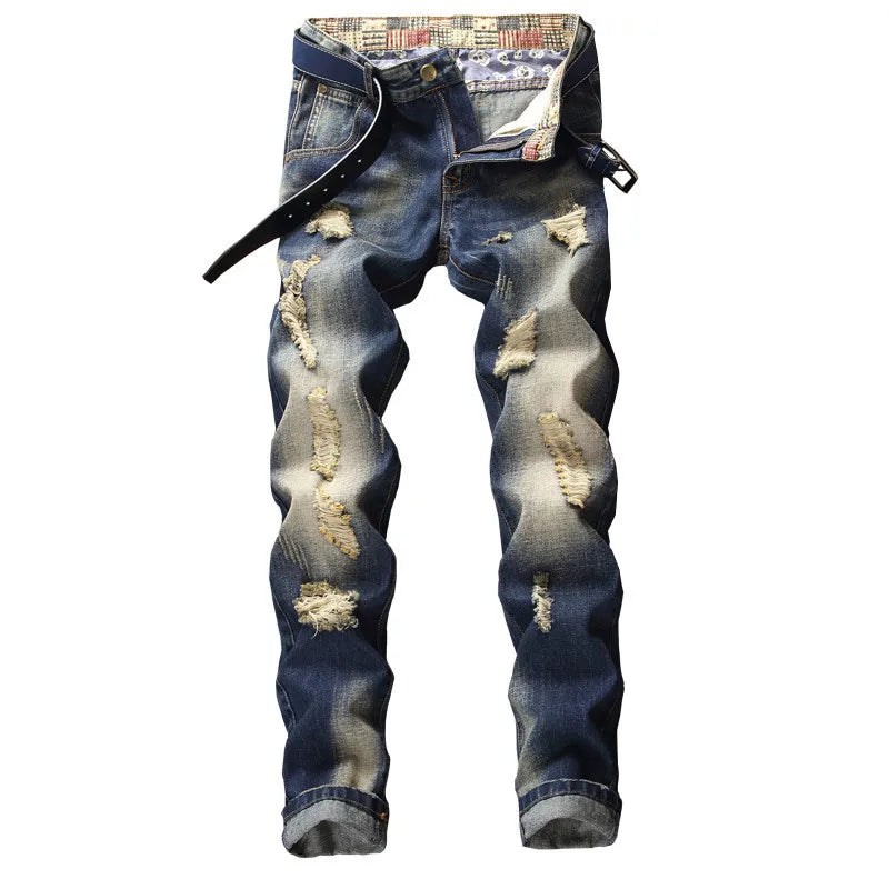 Denim Jeans Straight Scratches Fashion Men's Pants Luxury Vintag Hole Ruined Long Broken Fashion Regular Fit Large Size