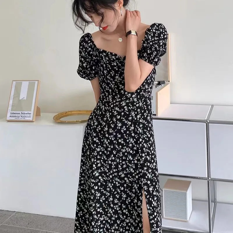 French Style Square Collar Floral Print Dress Women Puff Sleeve High Waiste A-line Ladies Sweet Daily Dating Long Vestidos