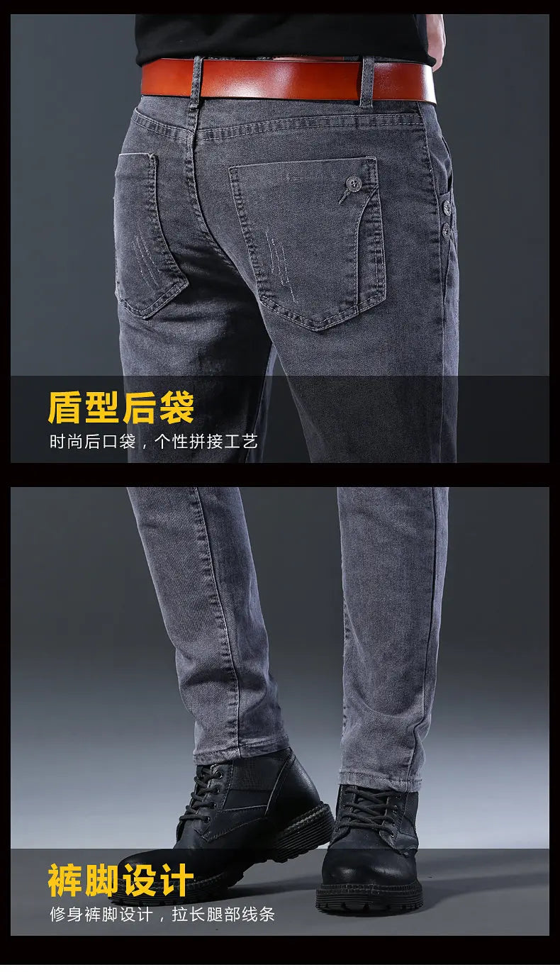2024 New Fashion Jeans Men Korean Style Straight Grey Middle Waist Pants Male Casual Denim Trousers