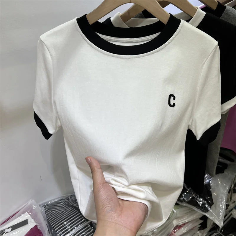 Large size women's cotton short sleeve T-shirt fat MM 2023 summer new color-block letter embroidery simple versatile top