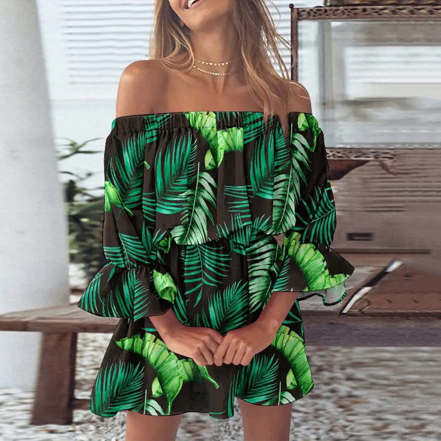 Boho Dresses for Women 2023 Summer Sexy Off Shoulder Floral Print Flare Sleeve Tunic Dress Women Casual Mini Sundress Vestido
