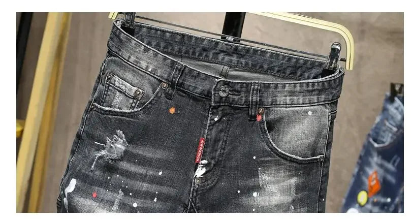 Men Black Denim Shorts New Summer Male Holes Shorts Jeans High Quality Male Stretch Fit Ripped Denim Jeans Shorts Size 44