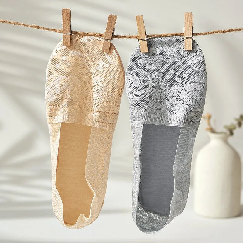 5Pair Women Socks Summer Thin Breathable Silicone Non-slip Ladies Invisible Lace Boat Sock Transparent Fashion Calcetines Mujer