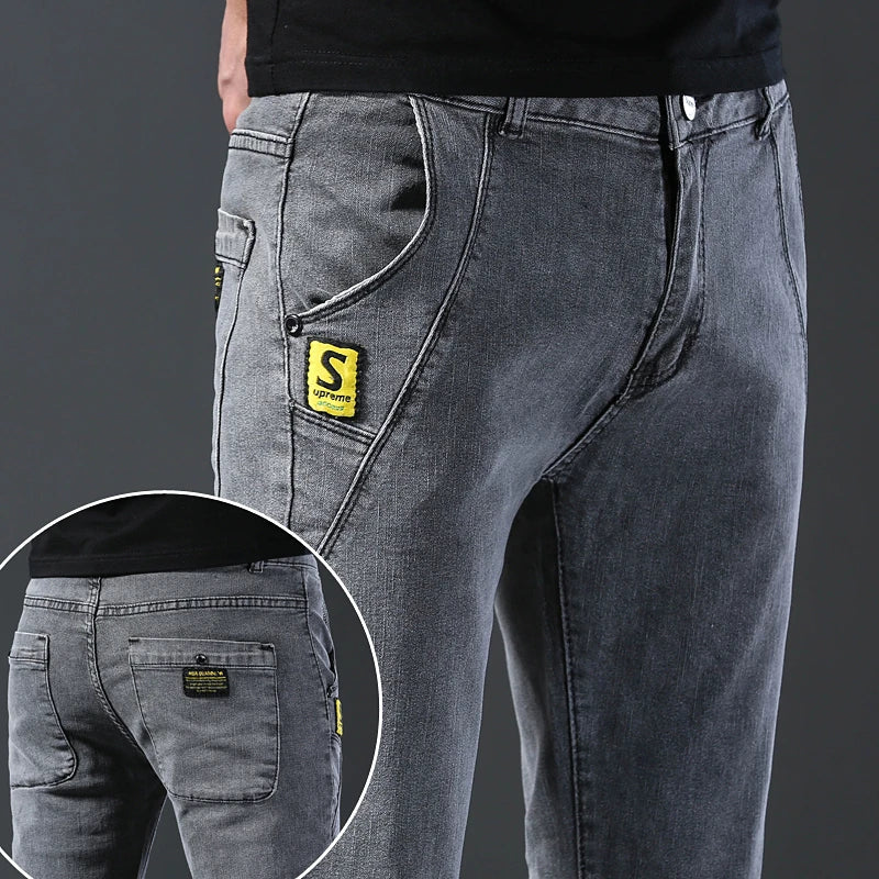 2024 New Fashion Jeans Men Korean Style Straight Grey Middle Waist Pants Male Casual Denim Trousers
