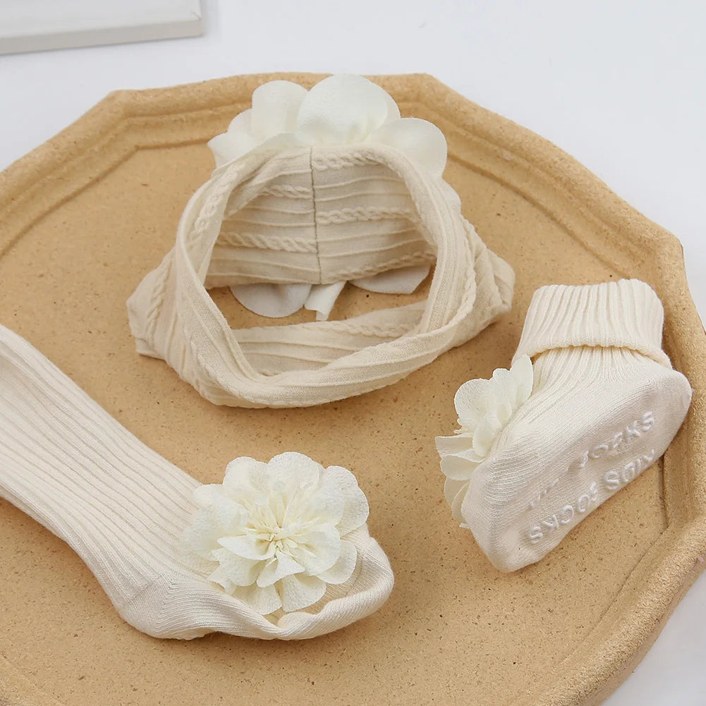 3Pcs/Set Lace Flower Baby Headbands Socks Wing Bow Cotton Non-slip Anklet 0-12M Stockings Wide Elastic Hairbands Infant Socks