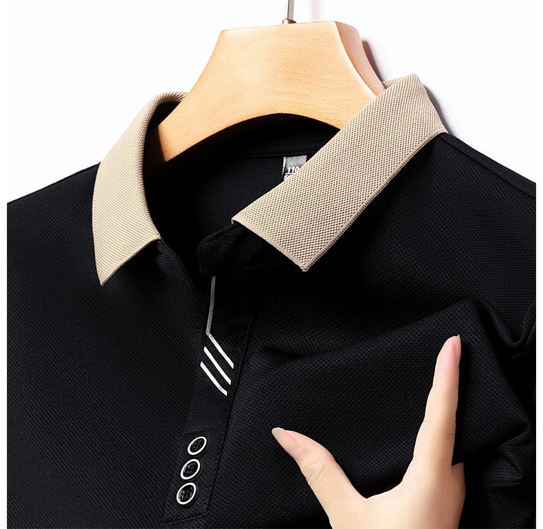 Autumn New Men's Long-sleeved Polo Shirt Business Casual Slim Elastic Top Fashion Classic Solid Color Male Brand Tees