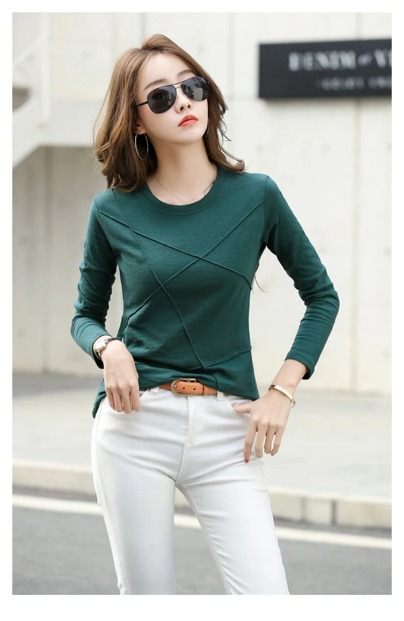 AOSSVIAO 2024 Autumn Long Sleeve Women O-Neck Bamboo Cotton T-Shirt Elegant Loose Ribbed Fashion Tee Shirt Ladies Simple Tops
