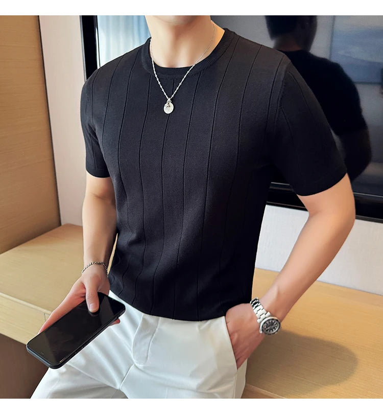 2024 New High Quality, Business Casual Men's Short-Sleeved O-neck Sweater, Daily Slim Fit T-shirt, Stretchable Striped Top M-3XL