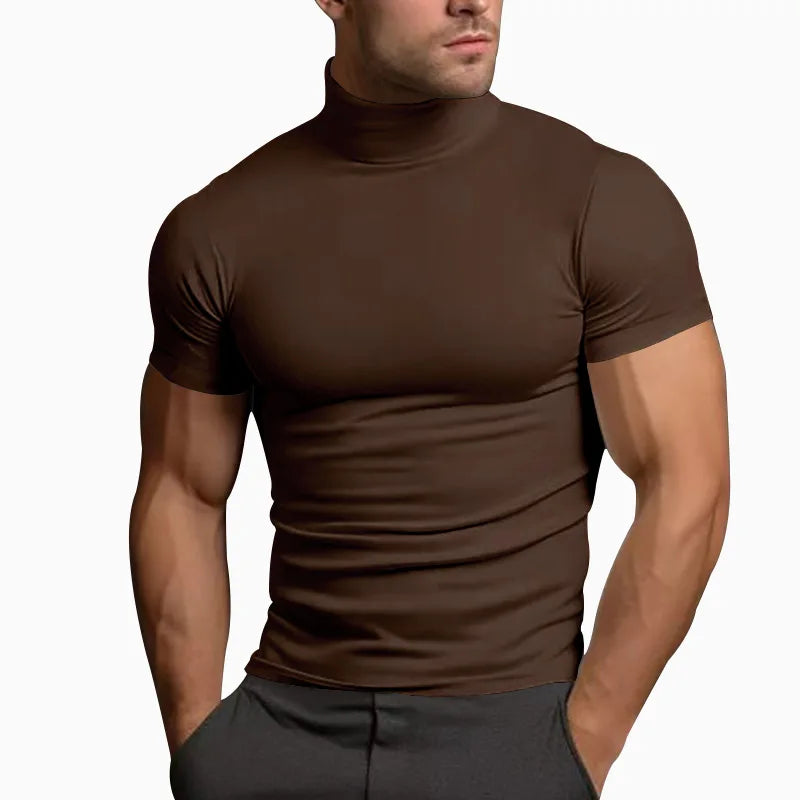 Cross-border Amazon 2024 summer solid color short-sleeved fashion bottoming shirt men's tight turtleneck T-shirt