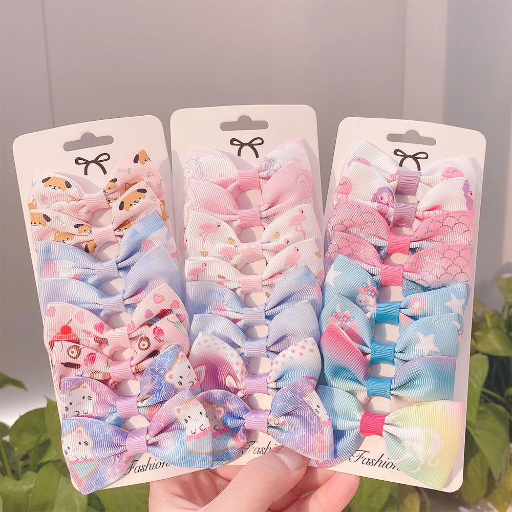 8PCS/Set Print Grosgrain Ribbon Hair Bows Clips Small Bows For Children Girls Headwear DIY Kids Hair Accessories Best Gifts