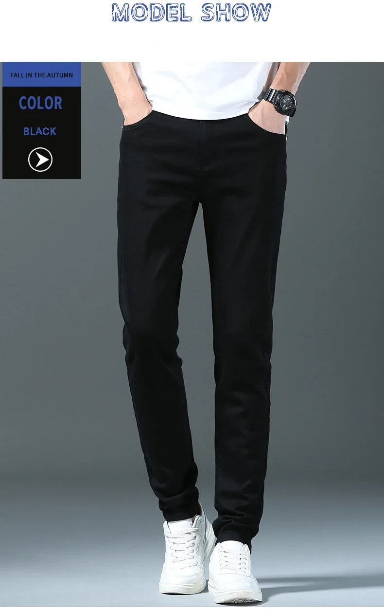 2024 New Spring Summer Men's Fashionable Solid Color Jeans Straight Stretch Stretch Slim Fit Classic Denim Trousers Male