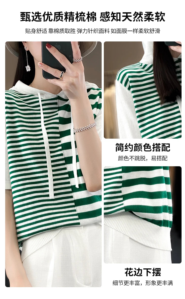 Summer New 100% Cotton Women's T-shirt Short Sleeve Loose Contrast Hooded Collar Pullover Casual Fashion Knitted T-shirt Top