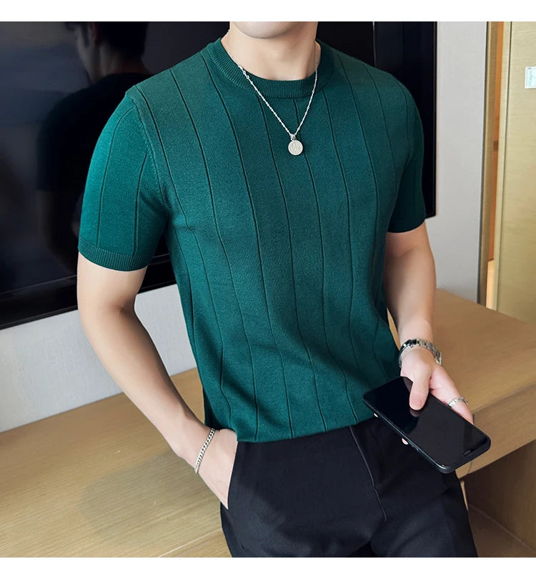 2024 New High Quality, Business Casual Men's Short-Sleeved O-neck Sweater, Daily Slim Fit T-shirt, Stretchable Striped Top M-3XL