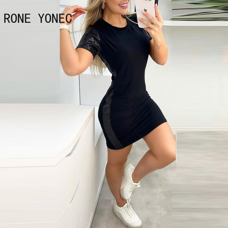 Women Elegant Chic Short Sleeves Sequins Patchwork Mini Sexy Casual Bodycon Black Dresses