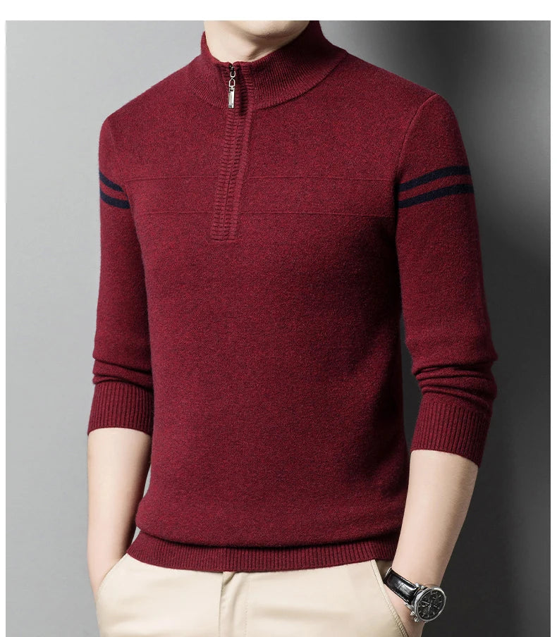 Men's autumn and winter high collar half zipper 100% wool sweater 2024 thick long sleeve warm pullover business casual knitted s