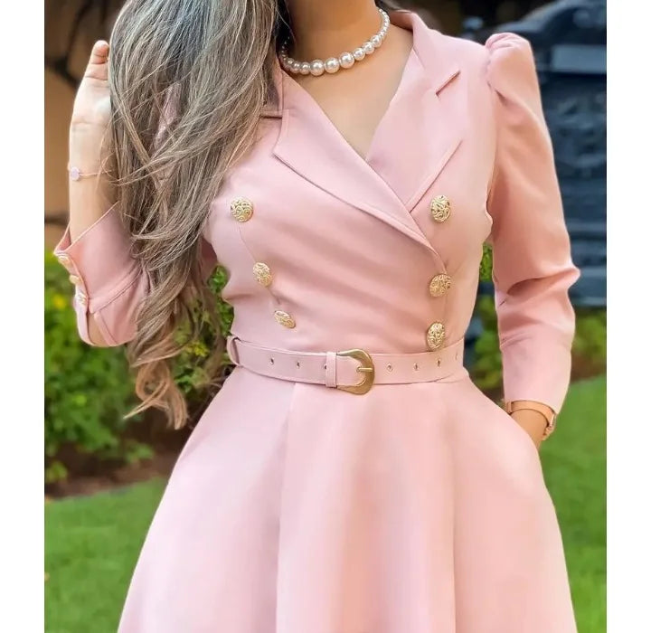 Dress for Women Autumn 2023 Fashion Versatile Casual Solid Button Long Lapel Pleated Strap Waistband Pullover Dresses Streetwear